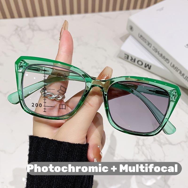 Fashion Square Full-Frame Photochromic Multifocal Reading Glasses Neutral Style High-Definition Blue Light Blocking Glasses +4.0