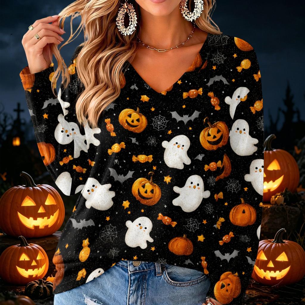 Women's V-Neck Long Sleeve Halloween Print Lightweight Blouse for Fall Parties and Everyday Wear