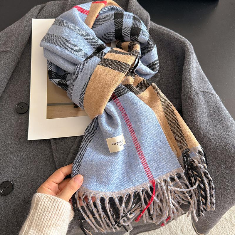 Exquisite The Striped Checkered Large Shawl Exudes An Elegant and Noble Style. It Is A Warm Autumn and Winter Scarf with A High End Touch 