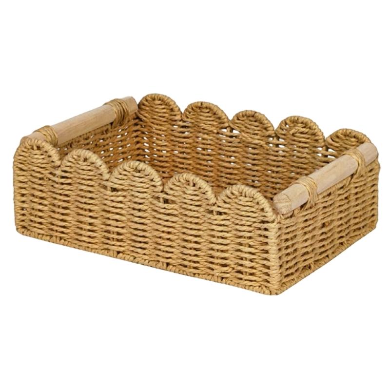 Two Size Hand Woven Rattan Storage Baskets With Wooden Handles For Bathroom Decors And Home Organization Modern Farmhouses Designs small