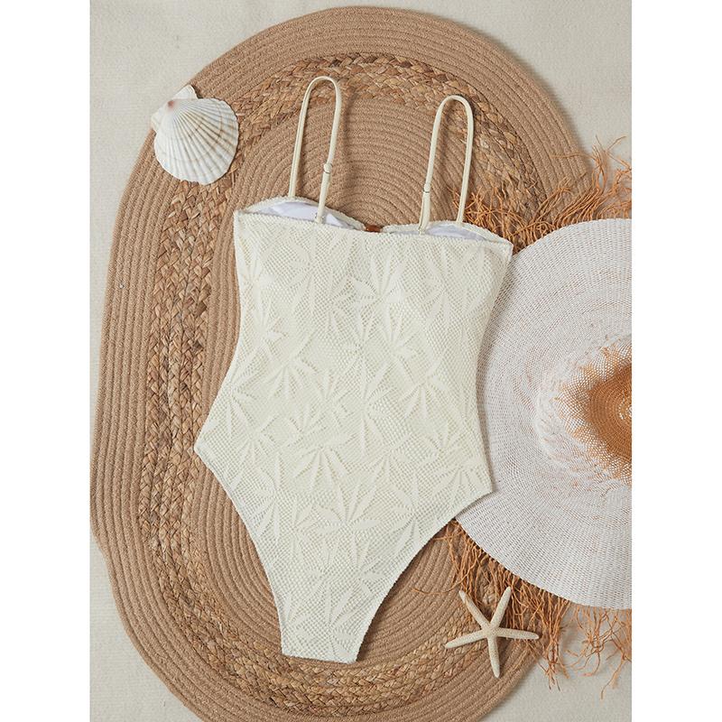 Bañador de una pieza con estampado de hojas, con tiras de cuentas caladas, estilo bohemio, control de abdomen con malla, bañador para mujer