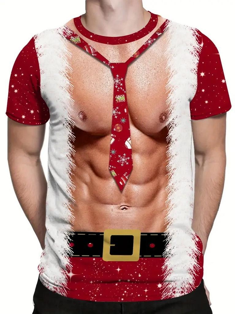 Summer Fashionable Casual Large Loose Creative Fun Muscle Christmas 3D Printed Men's T-shirt Comfortable Breathable Short Sleeved Round Neck T-shirt