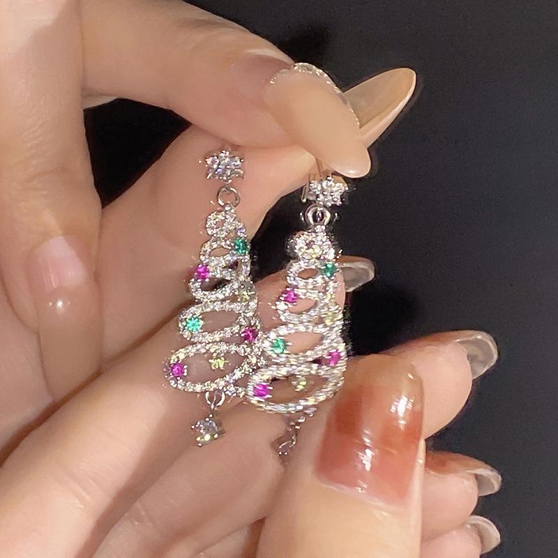 Christmas tree spiral line earrings female, flash inlaid zircon jewelry, star pendant