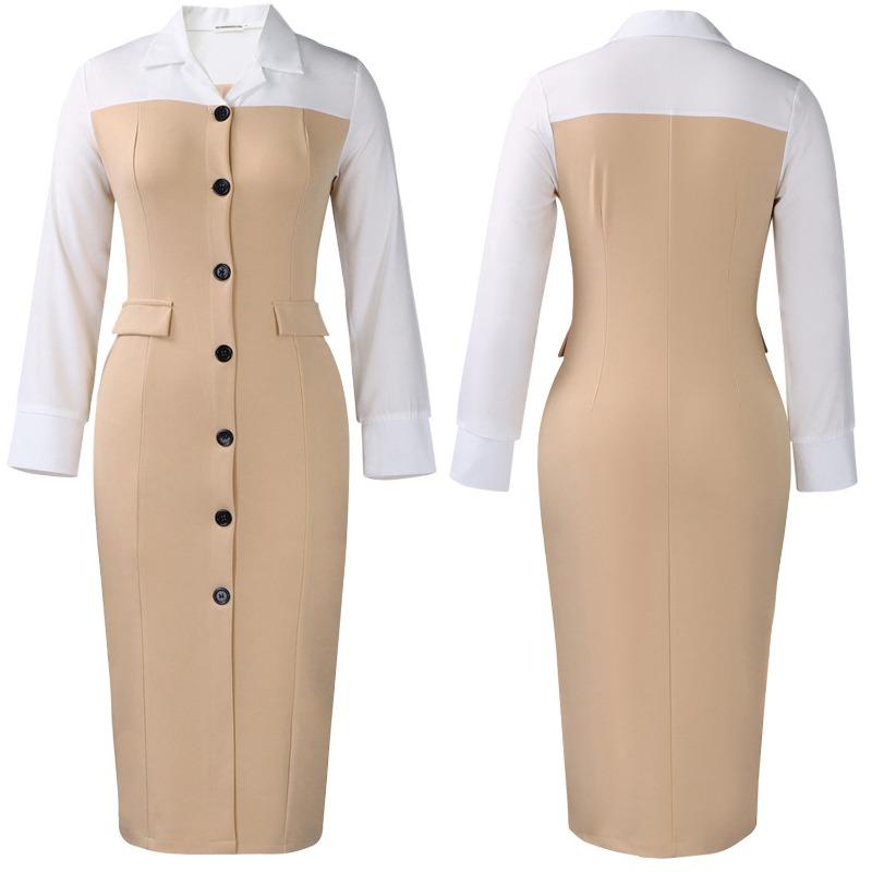 Women Elegant Business Long Sleeve Blazer Collar Patchwork Pencil Midi Dress
