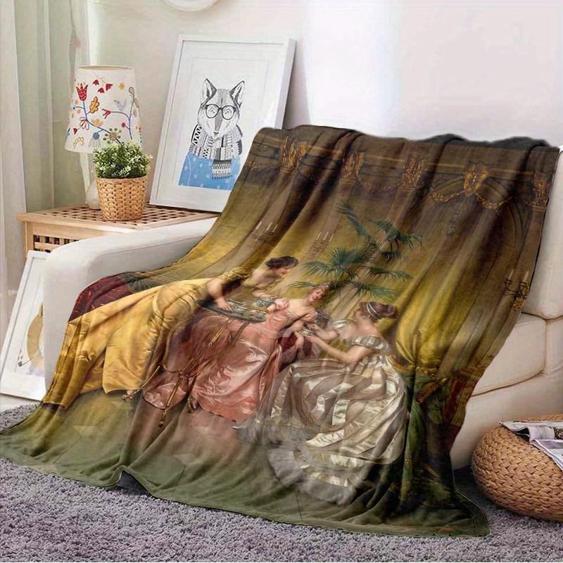 Vintage Afternoon Tea Oil Painting Print Flannel Blanket Soft, Cozy Throw with Elegant 19th-Century Women Illustration