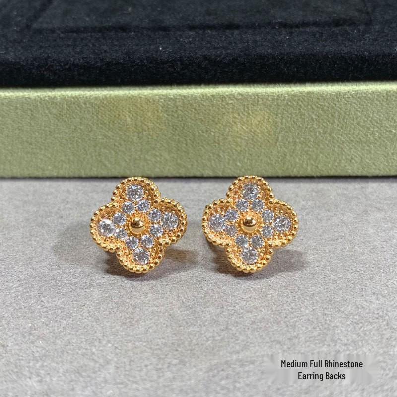 High-Version 18K Rose Gold Earrings: Four-Leaf Clover with White Mother-of-Pearl & Red Agate - Fashionable, Luxurious, INS Style.
