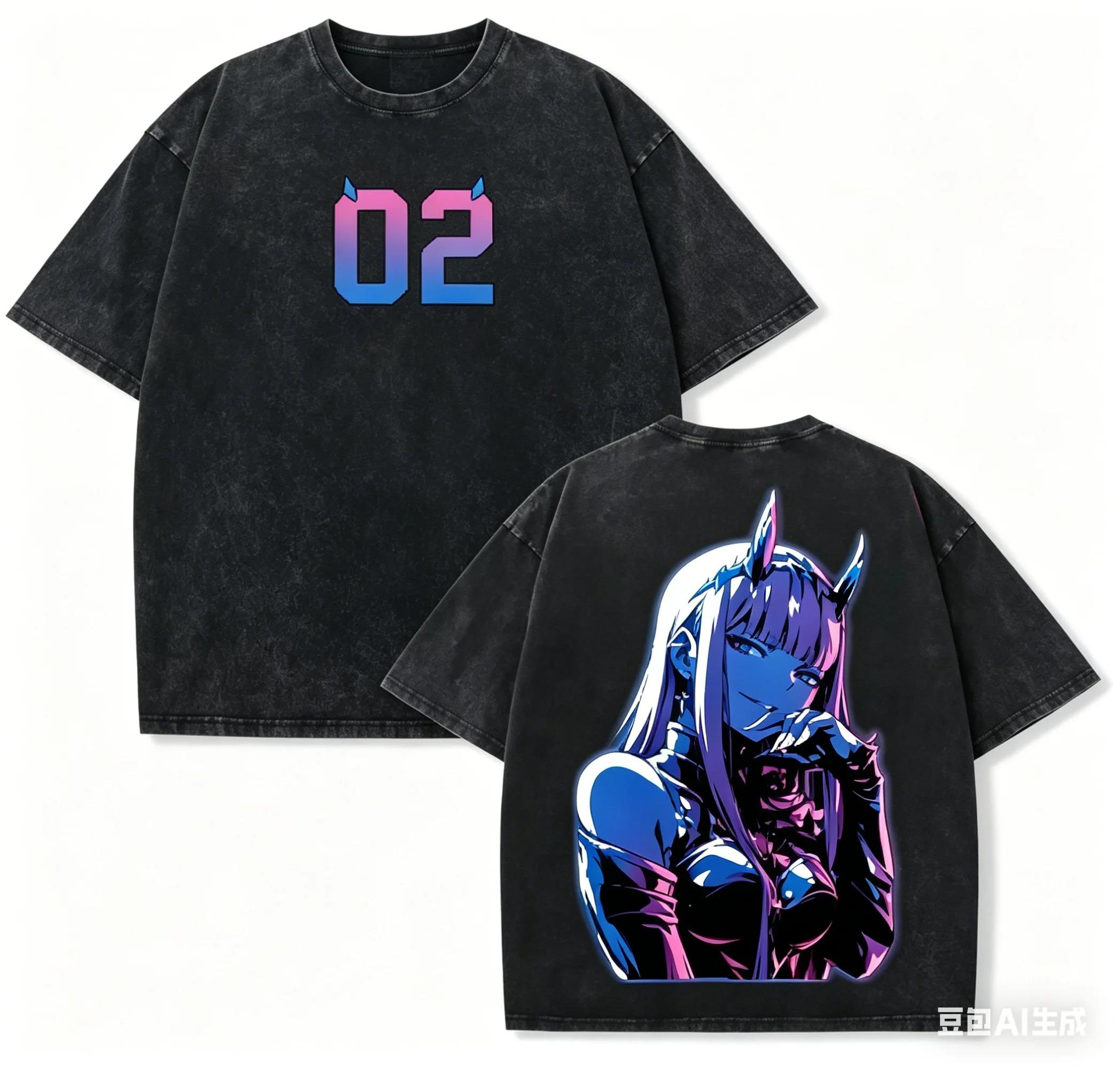 

Stylish Vintage Washed Black DARLING in the FRANXX Zero Two & Hiro Anime Casual Cotton Short-Sleeve T-Shirt XXXL