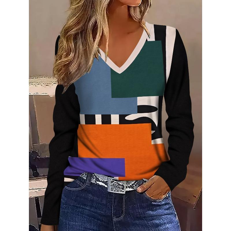 Autumn Ladies 3D Color Animal Print V-Neck Long Sleeve