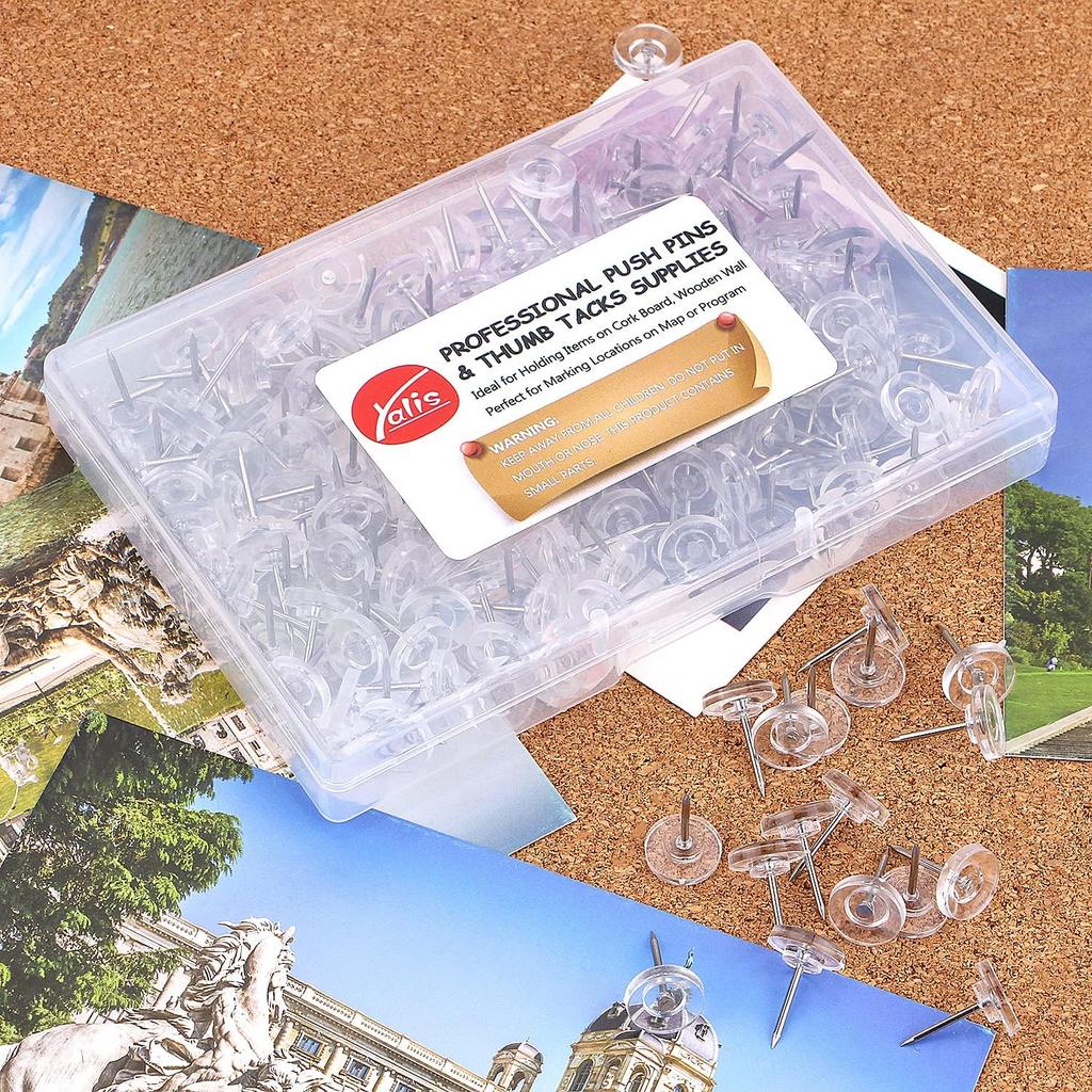 Push P 500-count Flat Clear Thumb Tacks Steel Point and Plastic Head for Corkboard and Wooden Photo Wall (Clear-500)