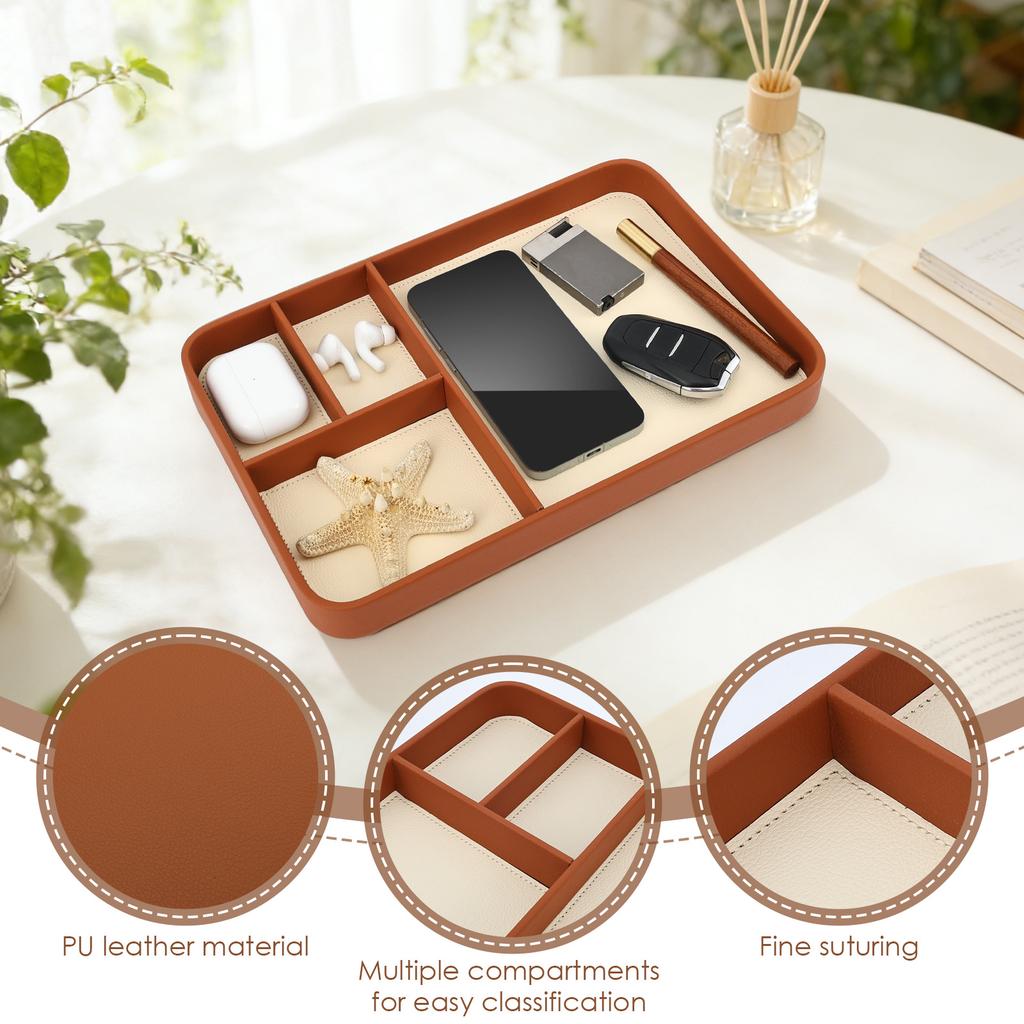 4-Compartment Storage Tray Stylish PU Leather Tray Multipurpose Bedside Desk Holder Decorative Entryway Tray for Phone Key Watch