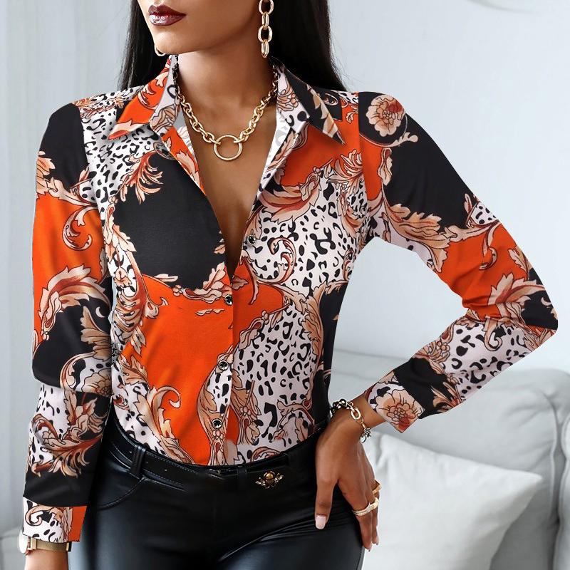 Spring Autumn Women Officewear Blouse Women Fashion Elegant Scarf Chain Print Button Design Shirt Long Sleeve Patchwork