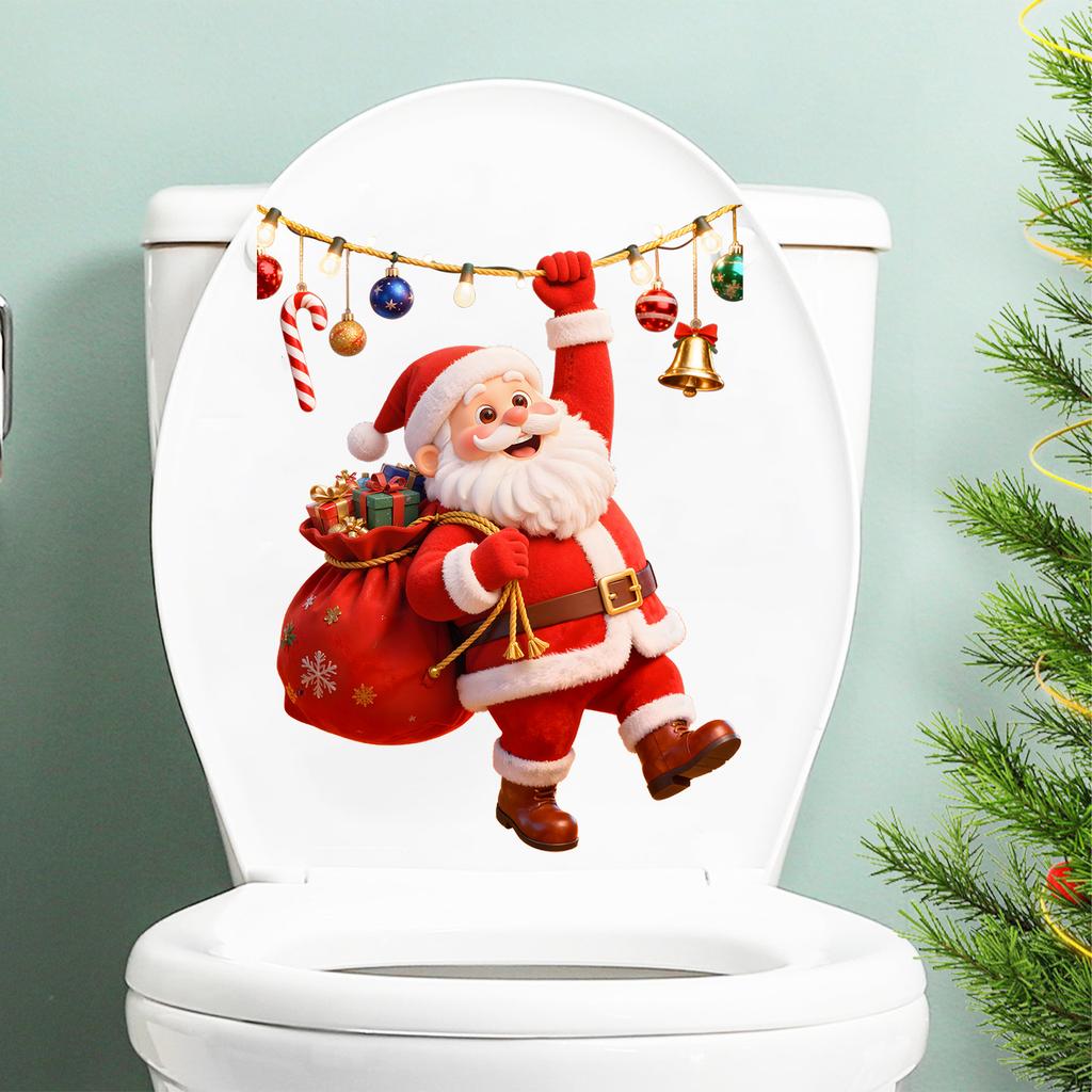 Cute Cartoon Santa Claus Toilet Cover Sticker for Bathroom and Shower Stall Decoration Sticker