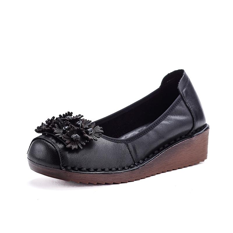 Fashion Handmade Vintage Wedged Shoes for Mature Ladies Genuine Leather Ballet Flats Woman Slip On Easy Fit Shoes Elderly Woman Moccasin