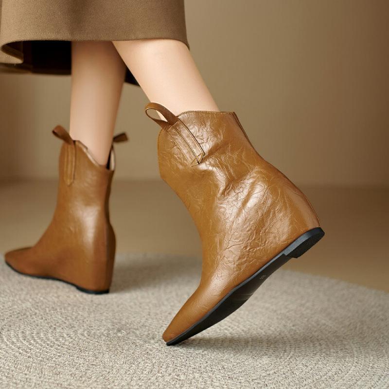 Damen Stiefeletten für Herbst und Winter, einfarbig, Schaftgröße 46, Damenstiefel mit hohem Absatz, spitzer Zehenpartie, Keilabsatz, neue große Größe, Lederstiefel Damen