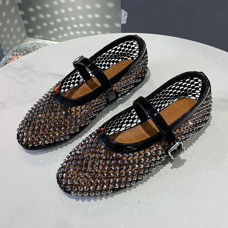 Luxus Kristall Strass Fischernetz Ballerinas Frau Markendesign Nieten Mesh Mary Jane Schuhe Damen Sommer Slipper Übergröße 42