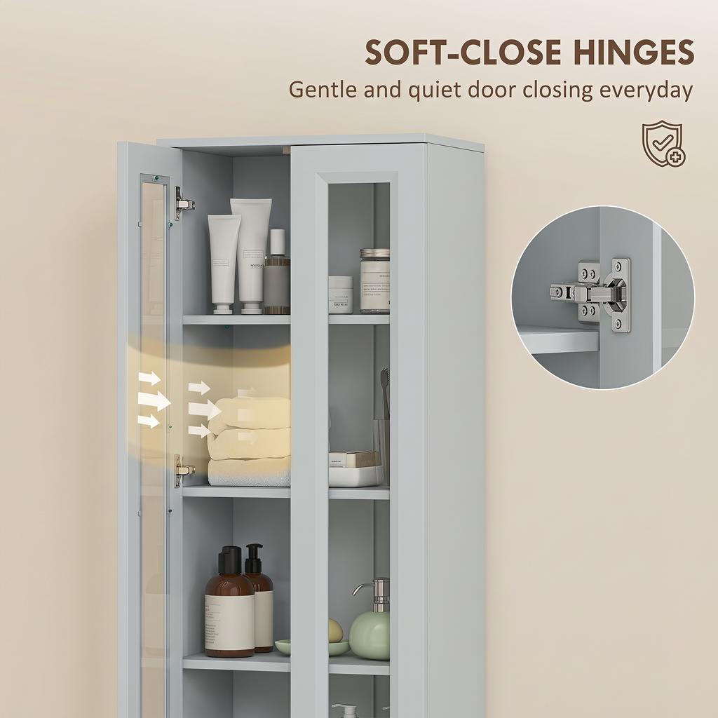 Tall Bathroom Storage Cabinet, 6-Tier Slim Bathroom Cabinet with Adjustable Shelf, 4 Soft-Close Doors, Dusty Blue