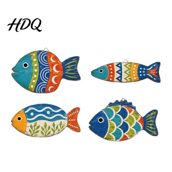 Distressed Nautical Wall Hanging 4PCS Coastal Themed Fish Decoration Bohemia Colorful Pattern Print Rustic Wood Decorations Plaques Decorative