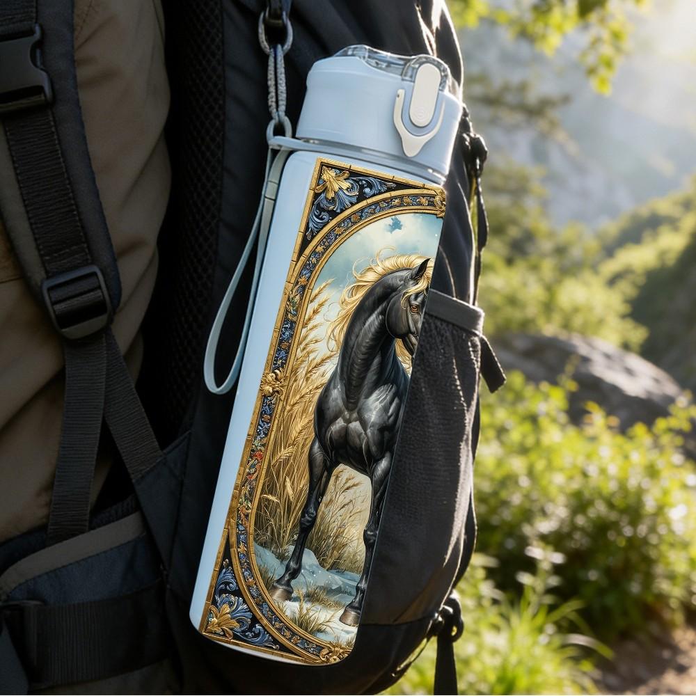 1PC Vintage Horse Antique Oil Painting Style 750ml Color Plastic Sports Water Bottle Leakproof Flip Straw Lid Suitable for Sports Office Home Use