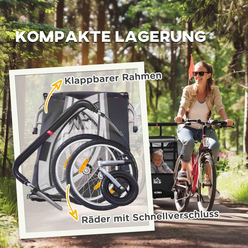 Carrellino per Bici da Bambino, Passeggino, con Freni, Pieghevole, per 2 Bambini, Grigio/Nero