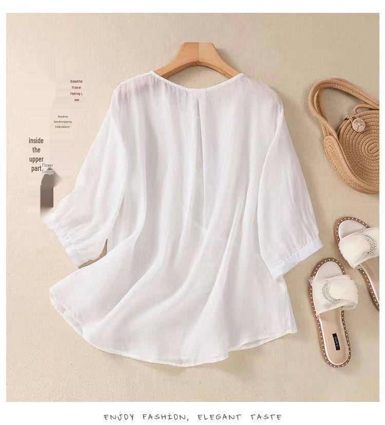 Women's 2023 Literary Embroidered Cotton Linen Blouse - Summer Loose Round Neck Pleated Pullover Top