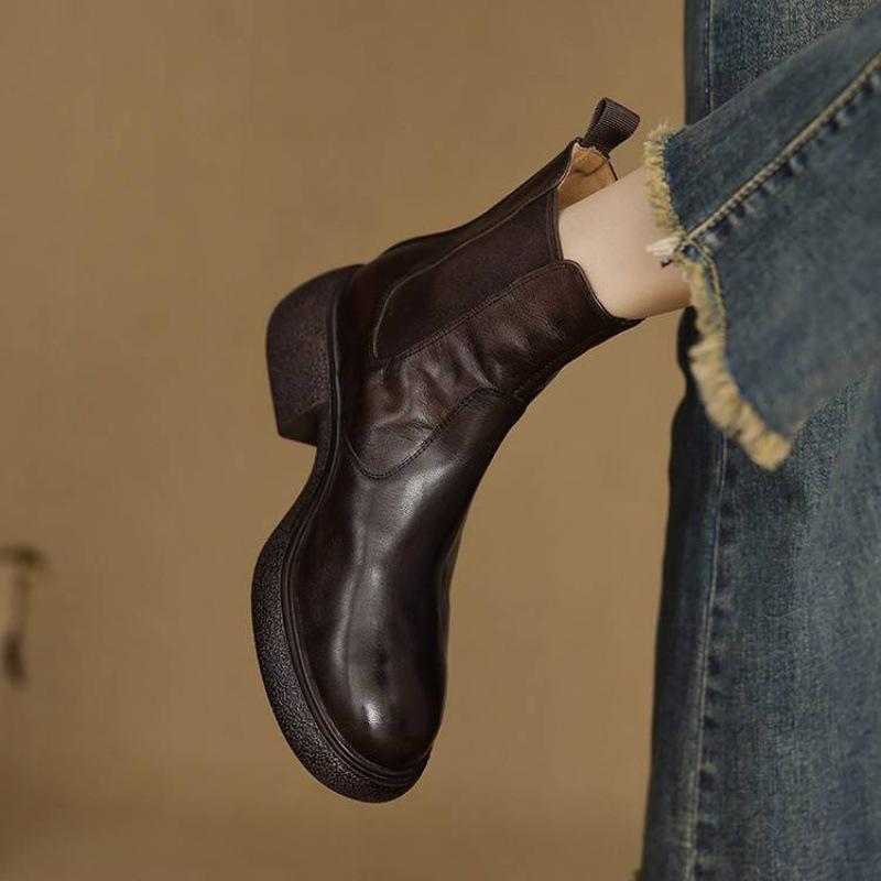 New Women's Versatile Leather Knight Boots Sleeve Solid Color Cowhide Versatile Women's Boots Square Heel Round Head Medium Boots Women's