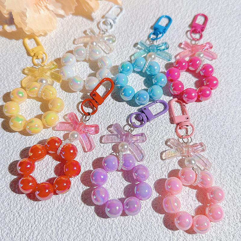 Plastic Fashion Beaded Bow Keychain Exquisite Candy Color Pearl Keyring Creative Shiny Bows Beaded Pendant Girls
