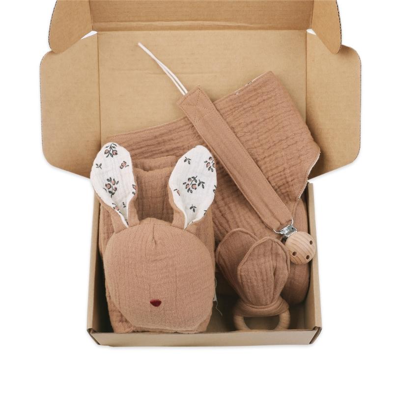 

Подарочный набор для новорожденного: Успокаивающее полотенце с ушками животных, Клипса для соски, Прорезыватель-погремушка для новорожденных, Слюнявчик, Подарок на детский праздник 5 шт.