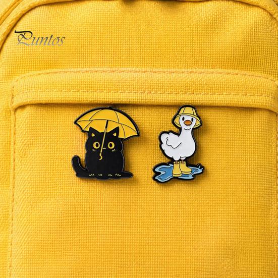 Colorful Enamel Jewelry Brooch, Rainy Day Animal Pin, Black Cat Umbrella Duck Treading Water Rain Accessories Badge, Vivid Expressions Stable