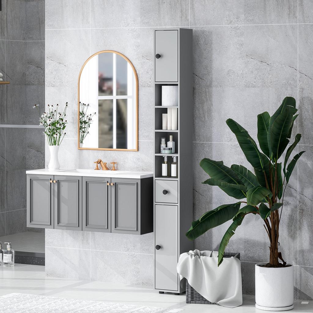 180cm Slim Bathroom Cabinet, with Drawer, Shelves and Cupboards - Grey