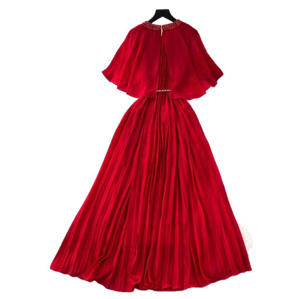 French fashion heavy industry diamond round neck shawl splicing strap waist thin temperament pleated chiffon dress women