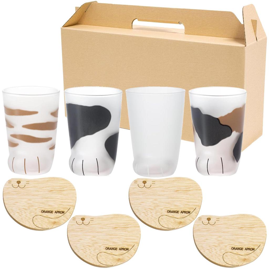 Coconeco Coconeco Glasses Set of Pink Paw Cup On the Bottom Cat X Wooden Coaster Set B Comes In a Craft Box Gift Present In (300ml / 4) (Parent Type)