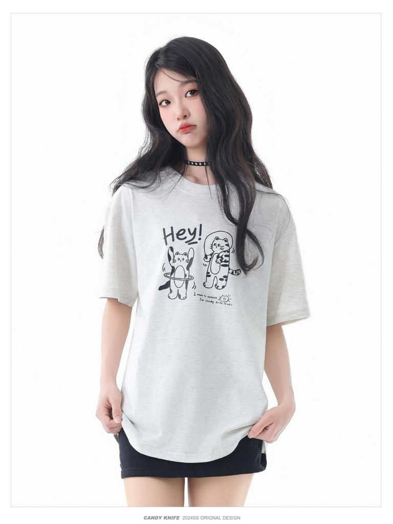 Unisex Summer Trend Cat Print Cotton Tee, Drop Shoulder, Loose Fit