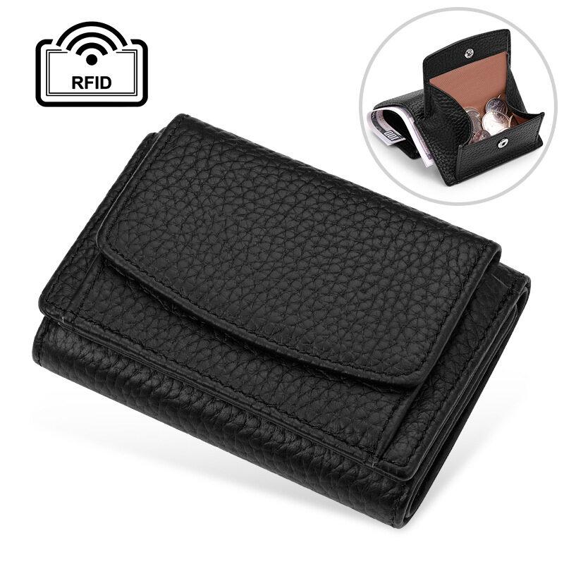 

Японский стиль женский кошелек короткий 3 тройной сложения модный маленький Ins натуральный кожаный кошелек RFID кредитная карта карман для монет чёрный