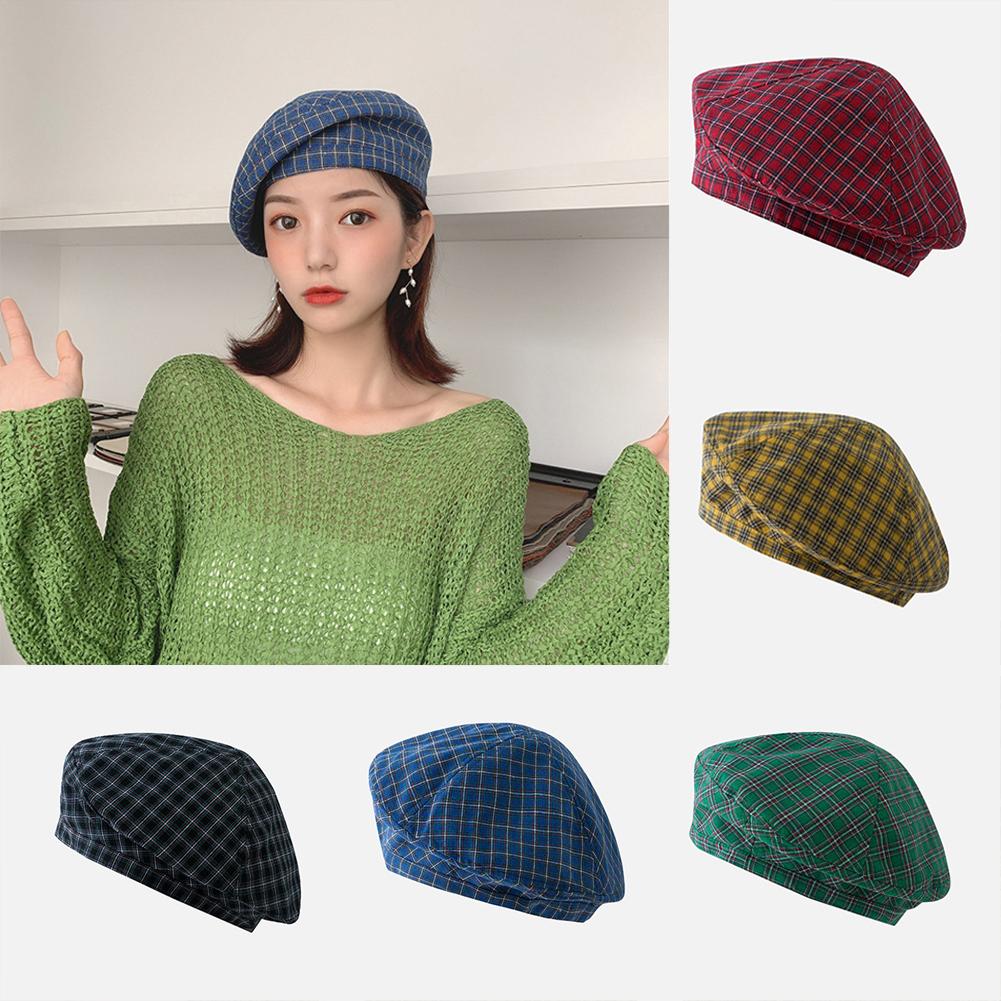 Women Retro Style Thin All Match Plaid Printing Beret Painter Cap