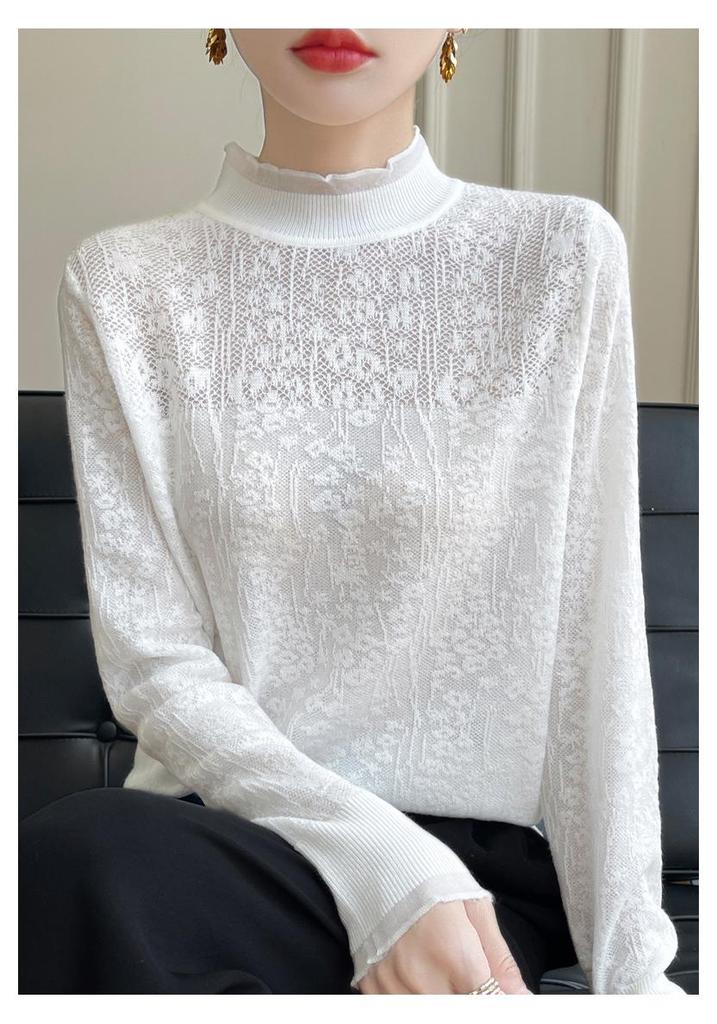 2025 Women's Lace Patchwork High Collar Imitation Wool Sweater with Ruffle Trim