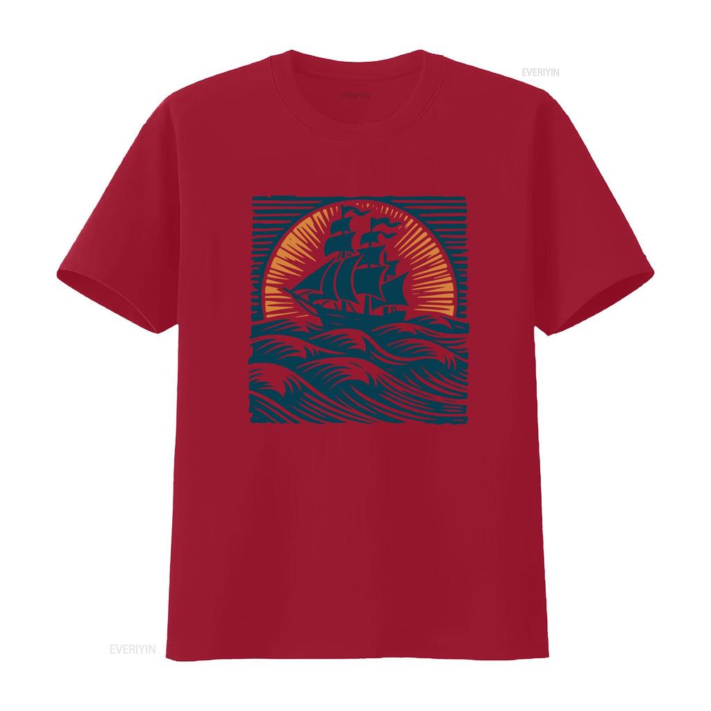 Vintage Nautical Sailing Ship Sunset Ocean Wave Print Casual T Shirt Vintage Washed Designer Clothes Stretched Unisex