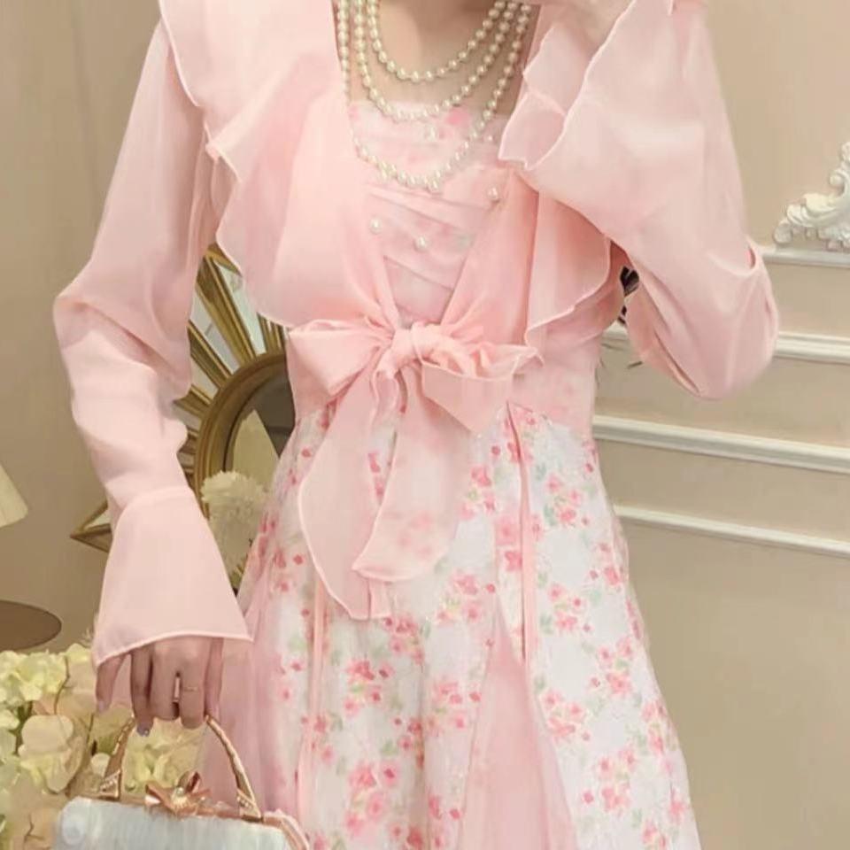 2026 Summer French Floral Lace Mesh Sling Dress - Beautiful Long Two-Piece Set