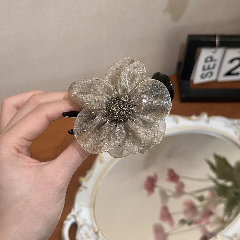 Korean Style Rhinestone Flower Top Knot Claw Clip for Women - 2025 Hairpin Headwear Fashion