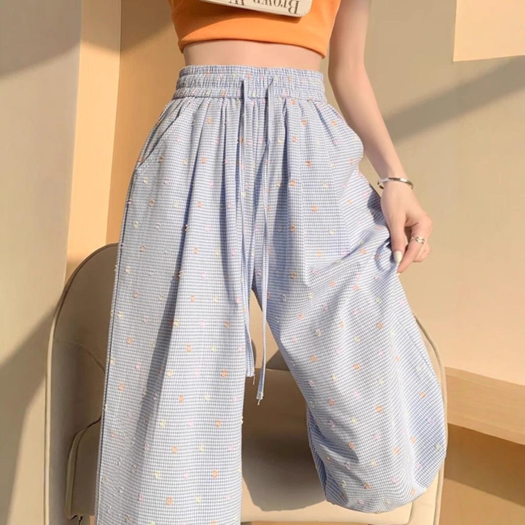

Petite Women s Blue Plaid Wide-Leg Pants with Polka Dot Texture XL (116-125 lbs)