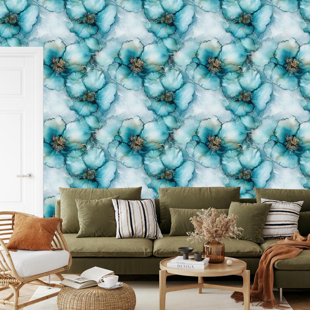 Ink Wallpaper Turquoise, Celadon and Light Gray 50x1000