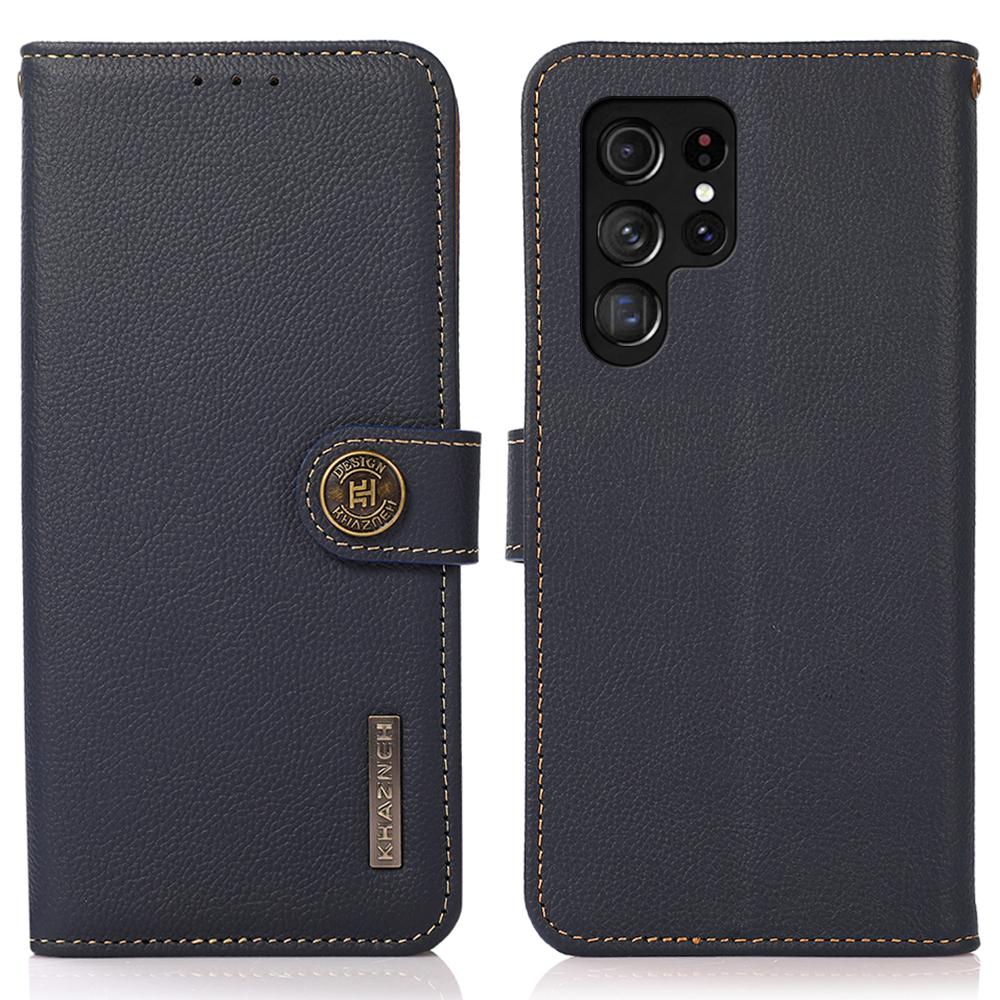 

KHAZNEH For Samsung Galaxy S25 Ultra Case Genuine Cow Leather Wallet Phone Cover Blue