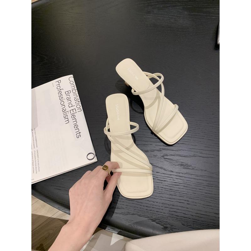 ~ New thin strap square head thin high heel cool slippers female summer