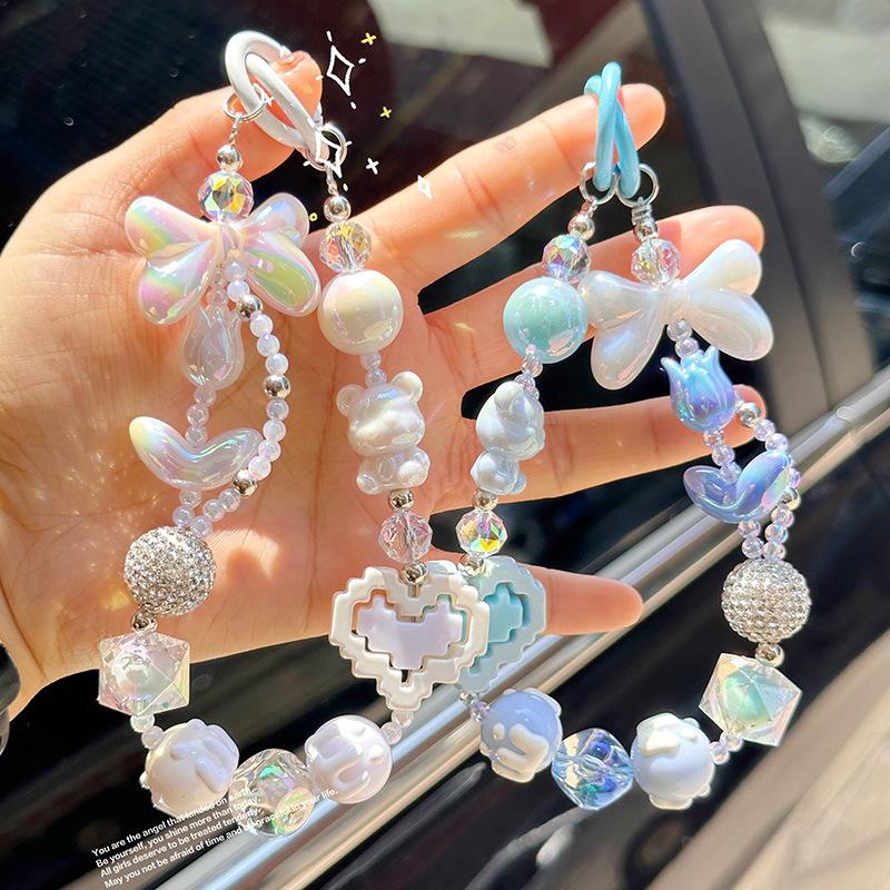 New Creative Fairy Beaded Colorful  Phone Wrist Strap Lego Heart Keychain Accessory Bag Charm Decoration Pendant Ornament