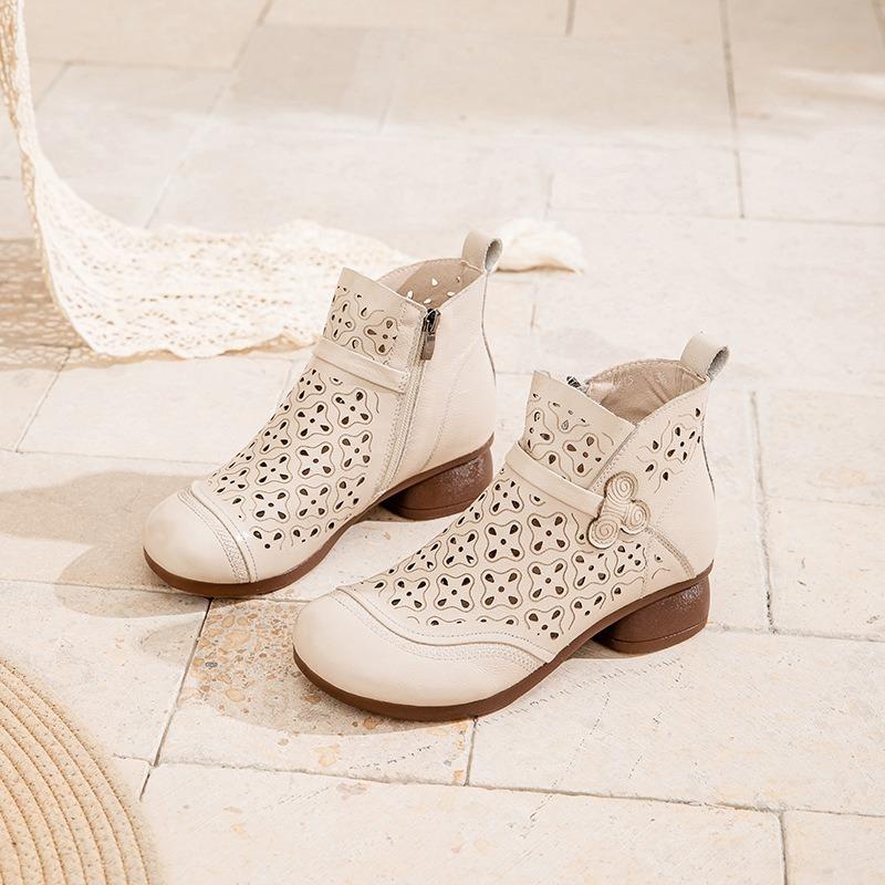 Summer hollow first layer cowhide short boots literary retro thick heel hole shoes beef tendon soft sole mother cool boots women