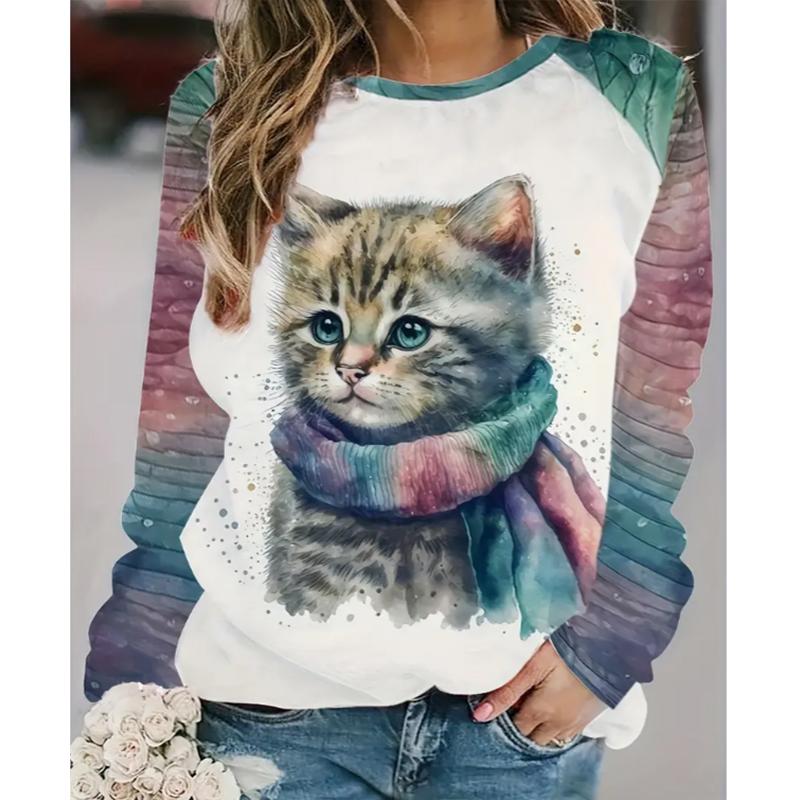 

2025 Autumn & Winter Women s New Casual Crew Neck Long Sleeve Top 3D Cat Pattern 8XL зелёный