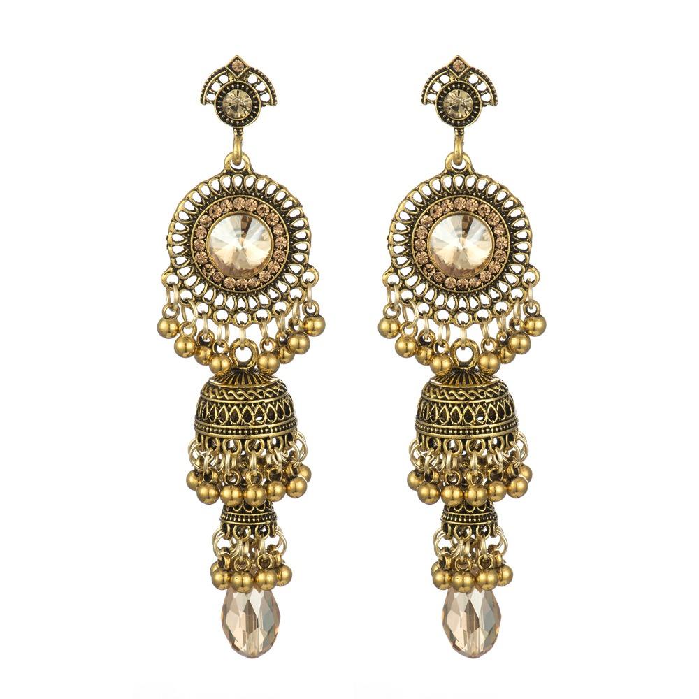 Personalized Micro-diamond Earrings Thai Retro Women's Long Luxury Imitation Large Gemstone Bell Fringed Earrings