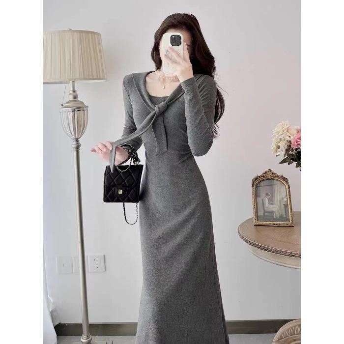 French high-end black long-sleeved dress women s autumn and winter new design sense niche temperament long skirt S