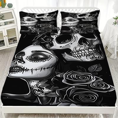 3er Set Spannbettlaken Totenkopf und Rose 3D-Druck Schwarz und Weiß Anti-Rutsch Langlebiges Bettlaken mit Kissenbezügen für Schlafzimmerdekoration