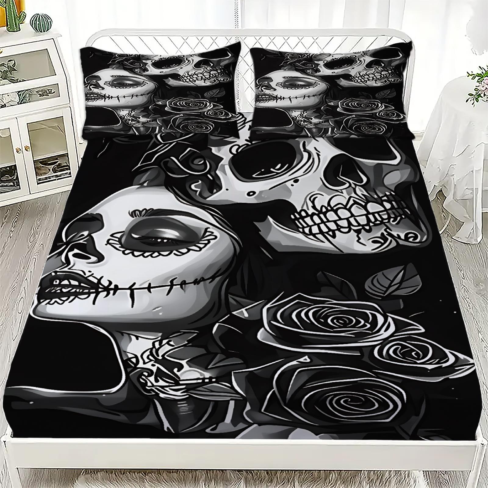 

Набор из 3 предметов: простыня на резинке, наволочки. Череп и роза, 3D-печать, черно-белый. Противоскользящий, прочный. Для декора спальни 99x190x25cm