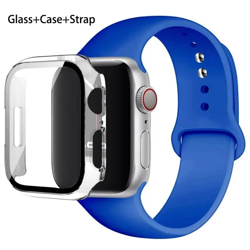 Glass+Case+Strap For Apple Watch band 46mm 45mm 44mm 41mm 40 38mm Silicone watchband bracelet iWatch series 10 9 8 7 6 5 4 3 SE